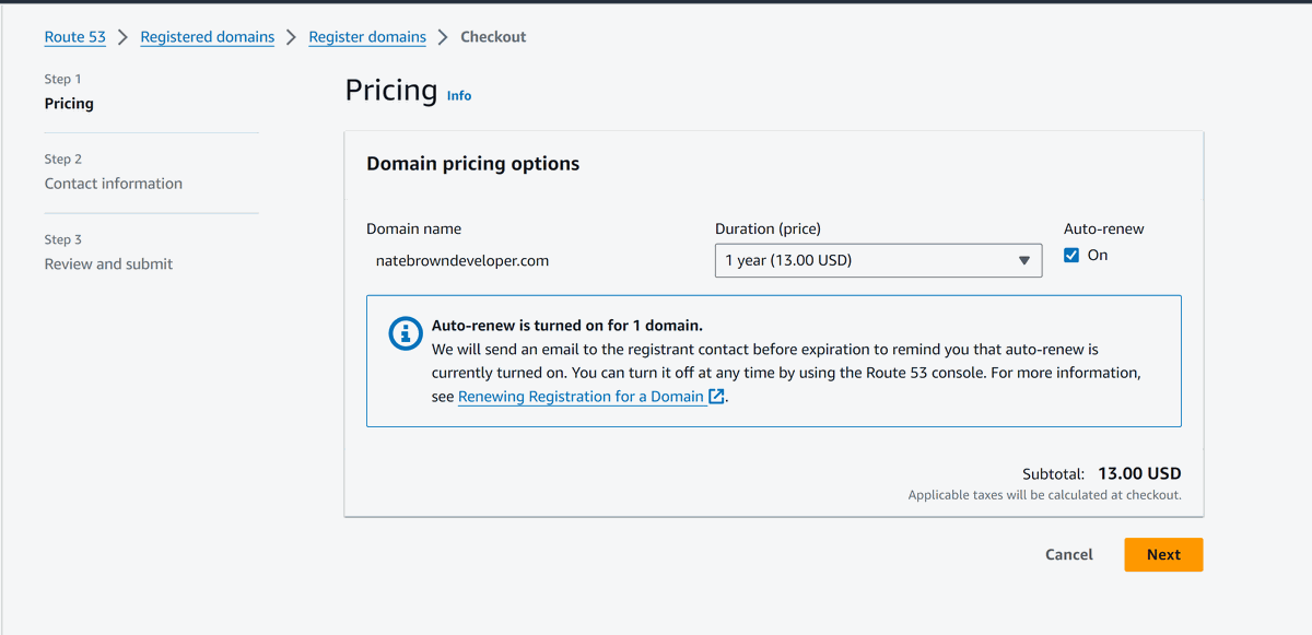 picture of the Search for Domain Pricing view